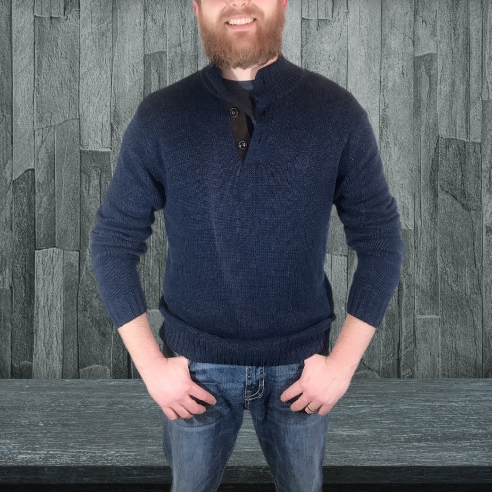 Chaps navy blue sweater w/ 1/4 button up. Patches